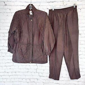 VINTAGE SHERI SPORT BROWN SILK GOLD BEAD DRAWSTRING WAIST TRACK SUIT - M